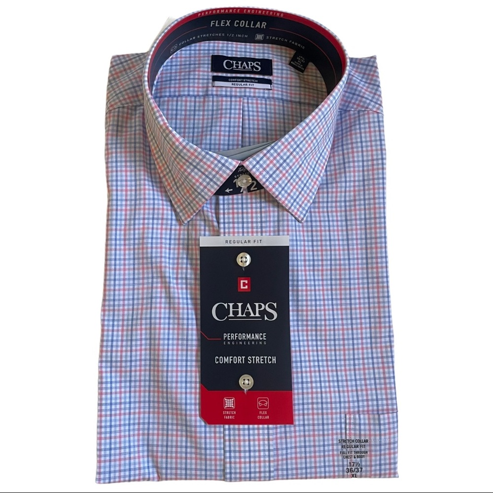 Chaps Men's Light Blue and Pink Check Dress Shirt